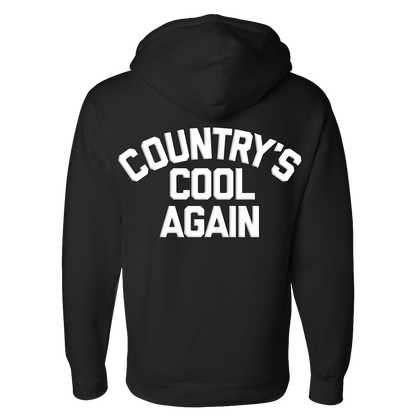 Black hoodie sweatshirt with white text reading ’COUNTRY’S COOL AGAIN’ on the back.