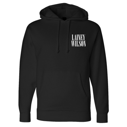Black hoodie with ’LAINEY WILSON’ printed in white text on the chest.