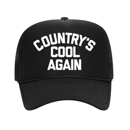 Black trucker hat with white text reading ’COUNTRY’S COOL AGAIN’ on the front.