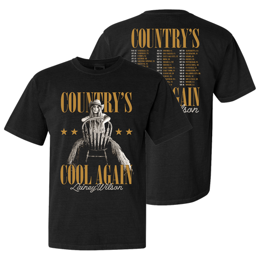 Black t-shirt with ’Country’s Cool Again’ design featuring a country music artist on the front and tour dates on the back.
