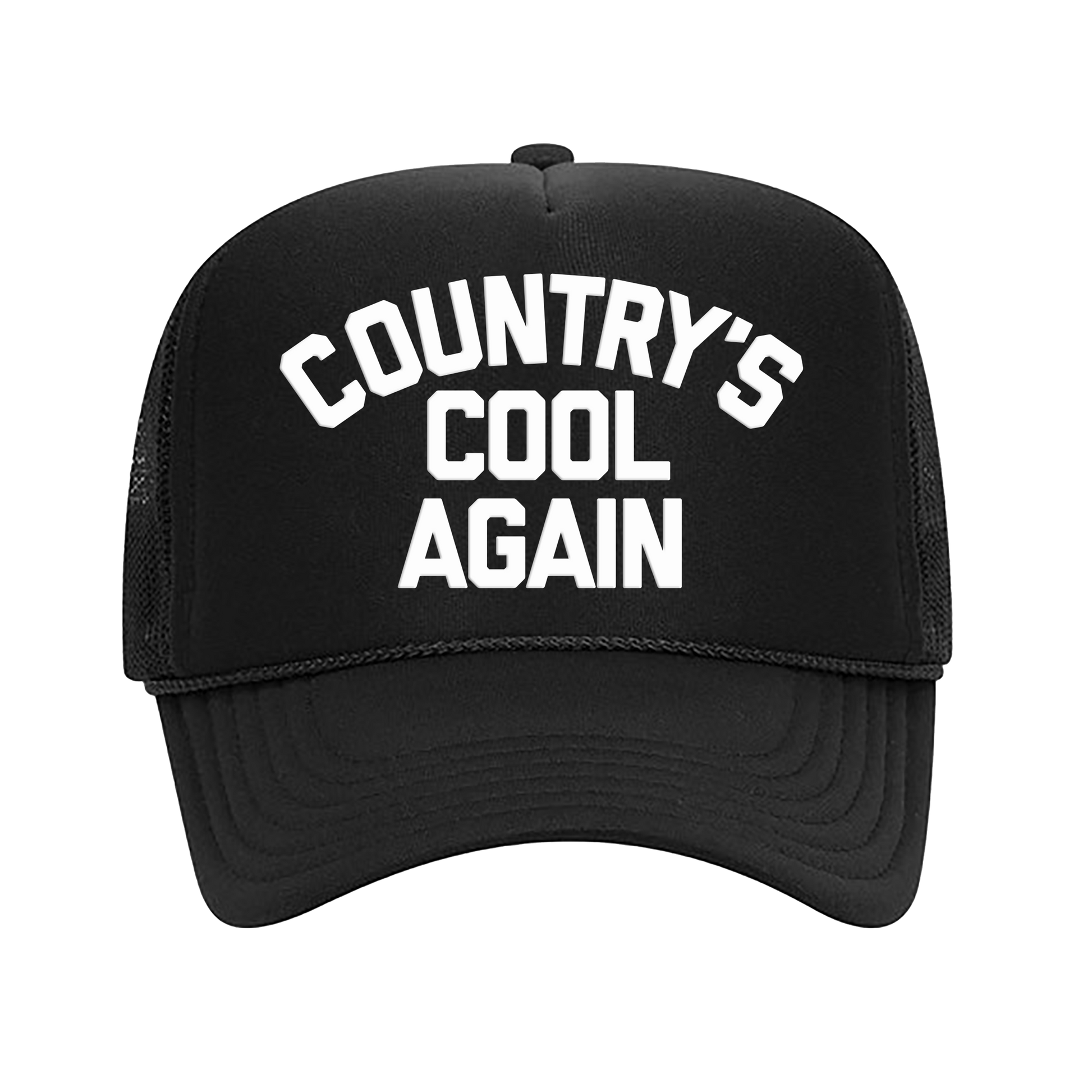 Black trucker hat with white text reading ’COUNTRY’S COOL AGAIN’ on the front.