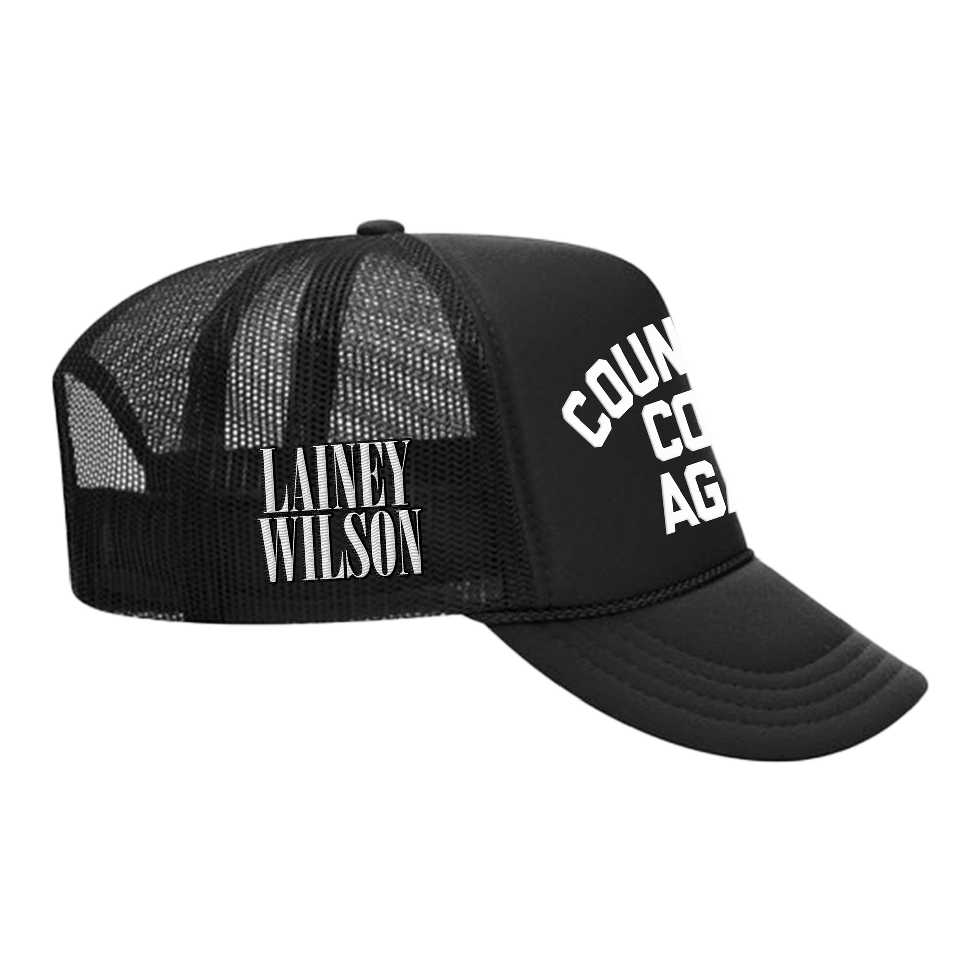 Black trucker-style cap with ’LAINEY WILSON’ and ’COUNTRY CO AGE’ text printed on it.