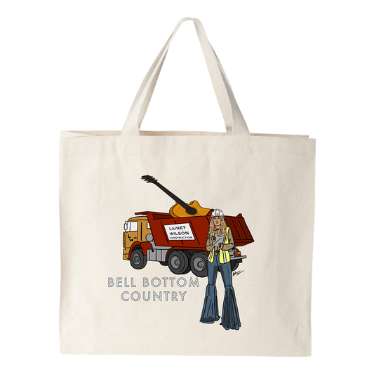 Canvas tote bag with a colorful country music-themed illustration printed on it.
