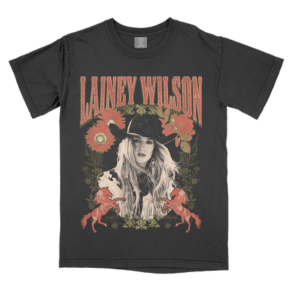 Black t-shirt featuring a country music-style graphic design with the name ’Lainey Wilson’ prominently displayed.