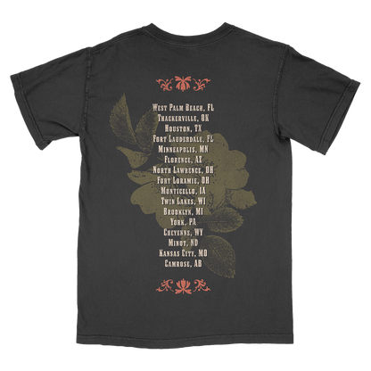 Black t-shirt with a list of city names printed on the back.