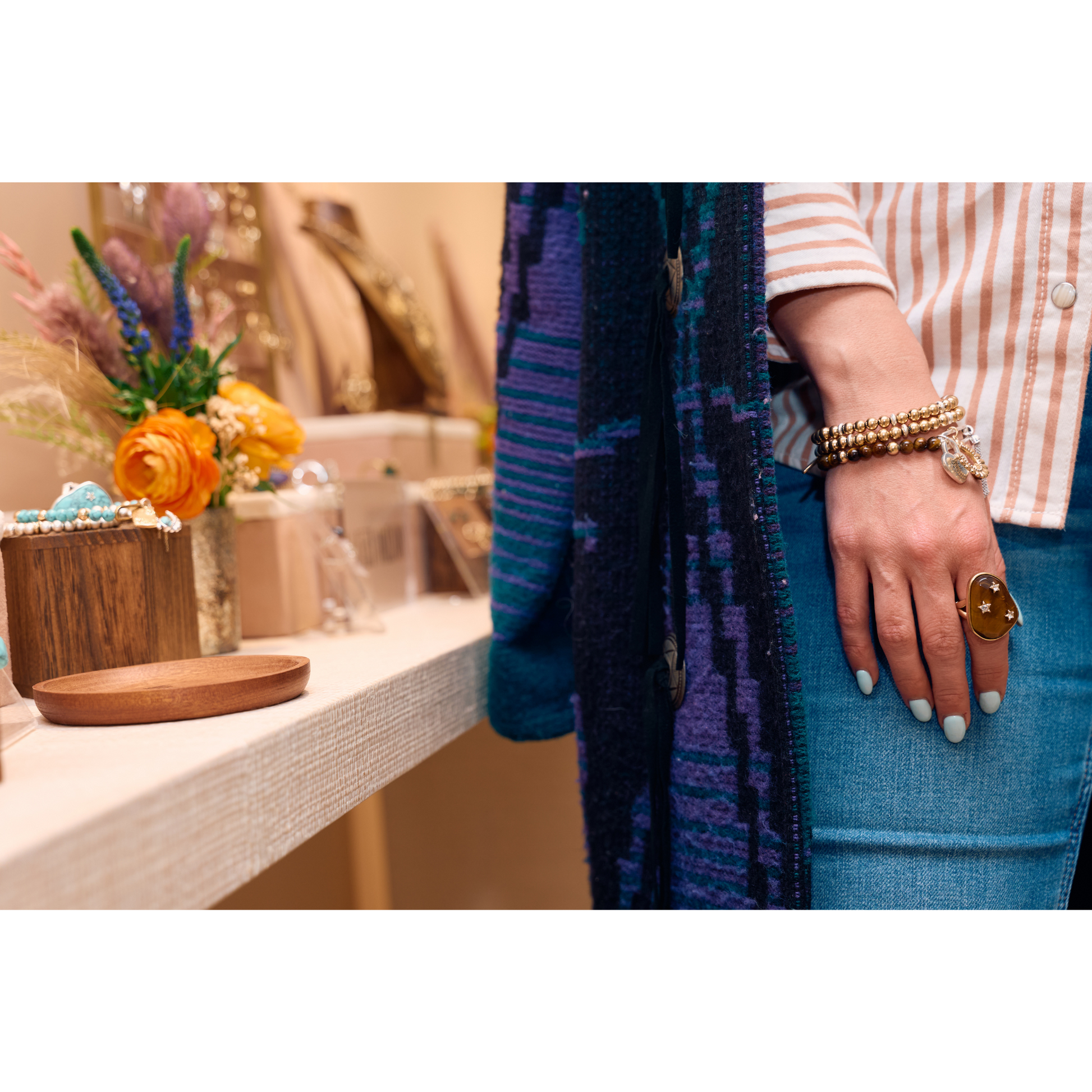 Green and Gold Beaded Charm Bracelet