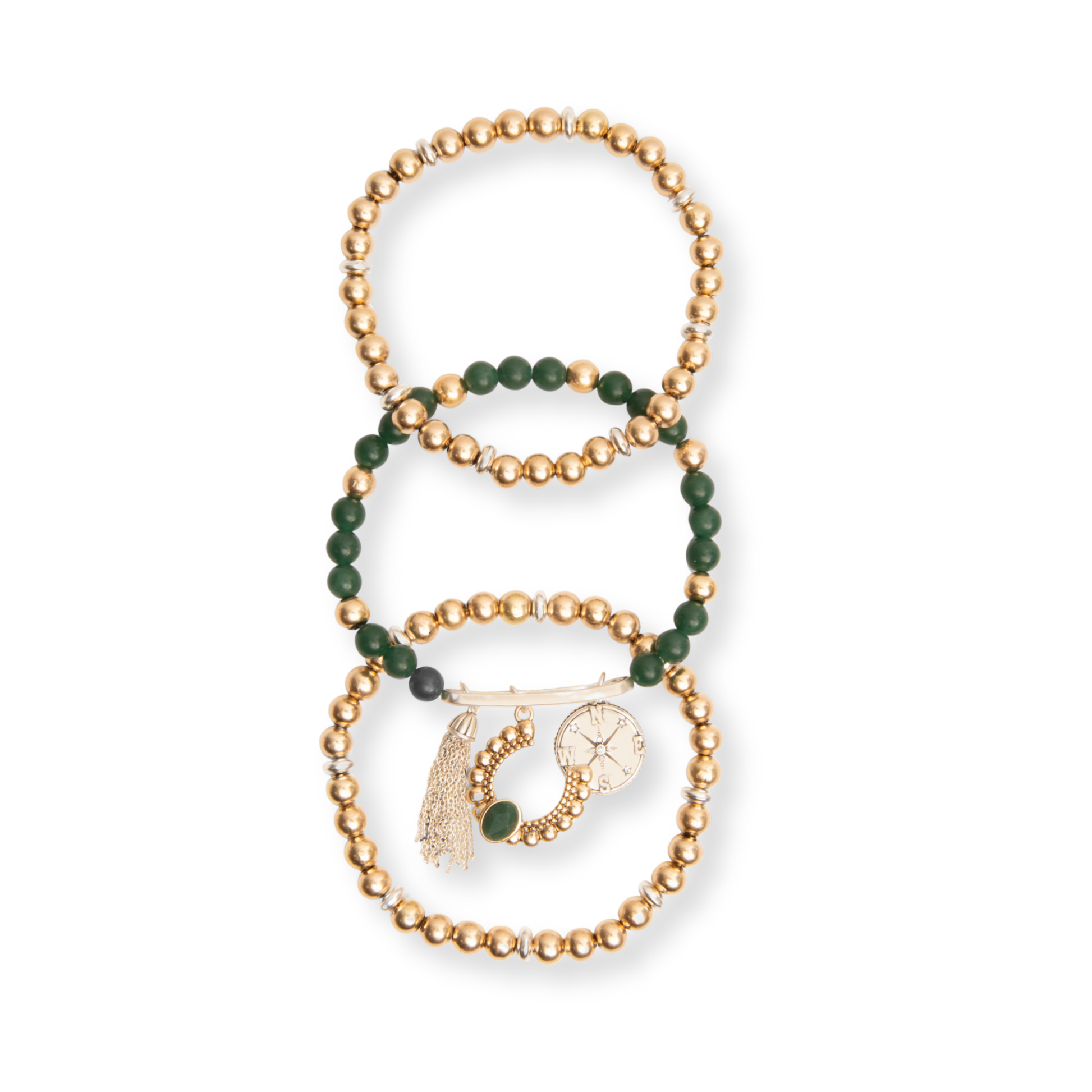 Green and Gold Beaded Charm Bracelet