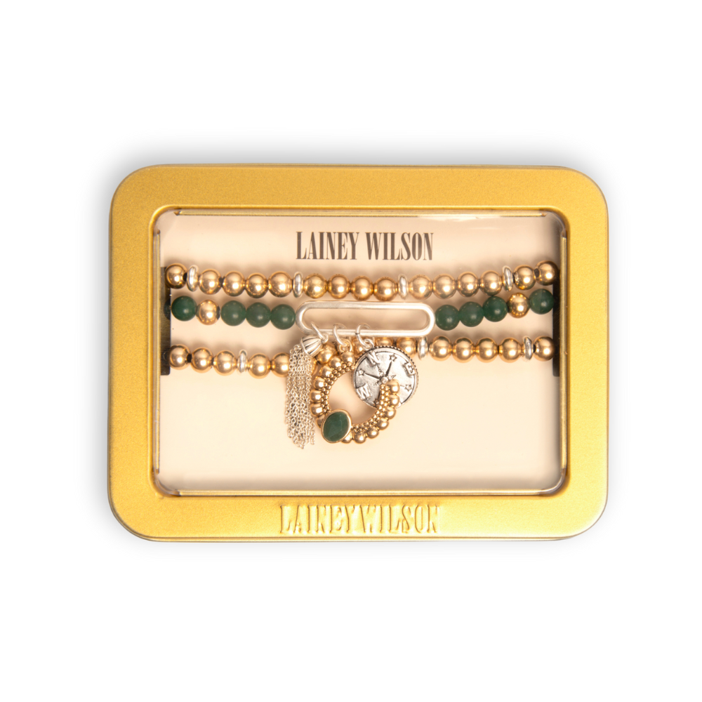 Green and Gold Beaded Charm Bracelet