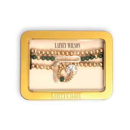 Green and Gold Beaded Charm Bracelet