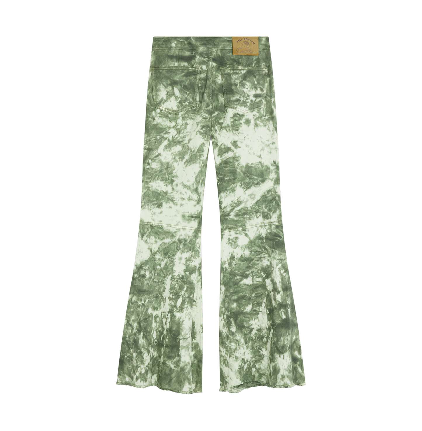 Tie-dyed green flared pants with a mottled pattern.