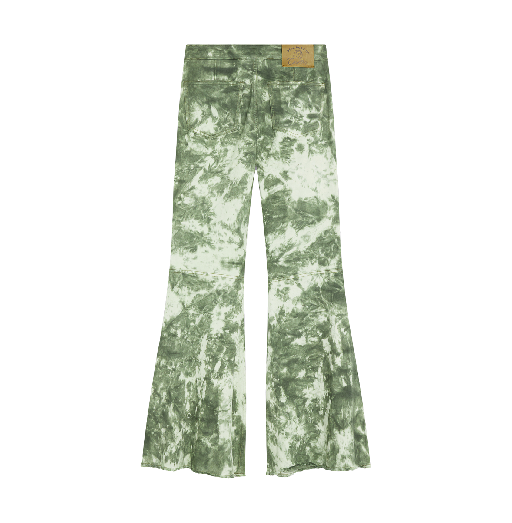 Tie-dyed green flared pants with a mottled pattern.
