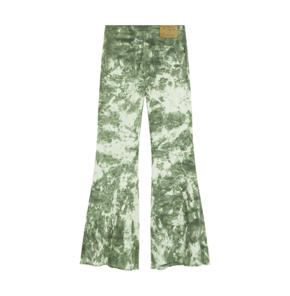 Tie-dyed green flared pants with a mottled pattern.
