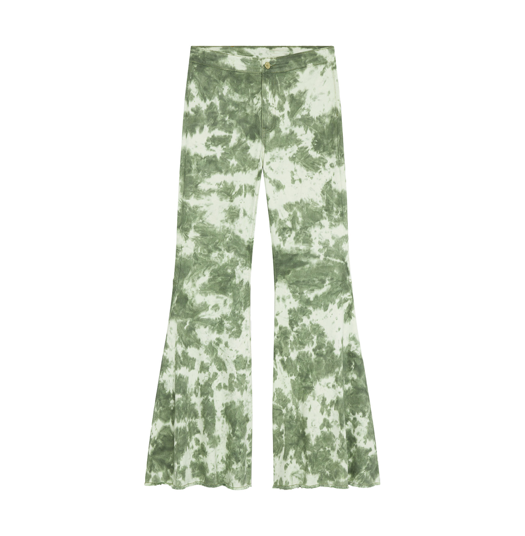 Tie-dye flared pants in shades of green and white.