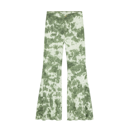 Tie-dye flared pants in shades of green and white.