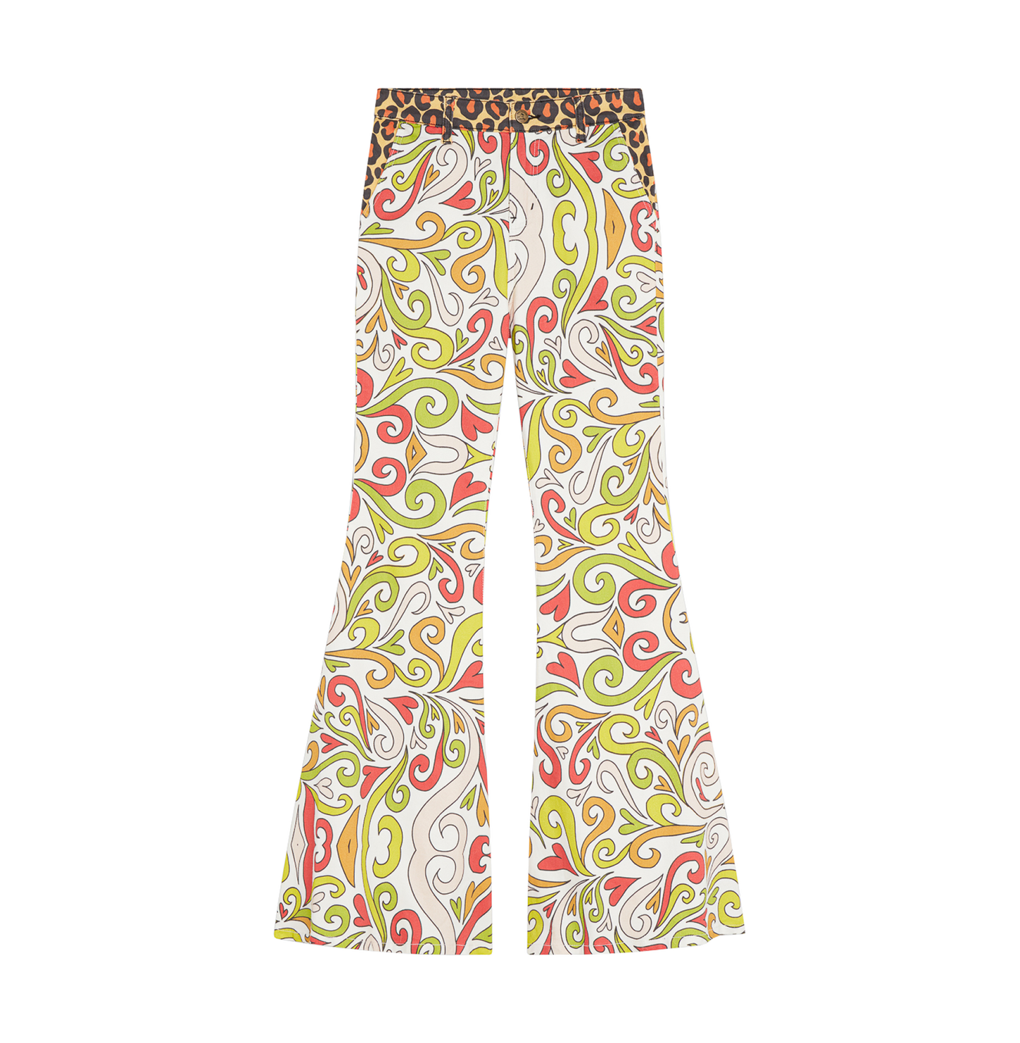 Colorful flared pants with a swirling psychedelic pattern and leopard print waistband.