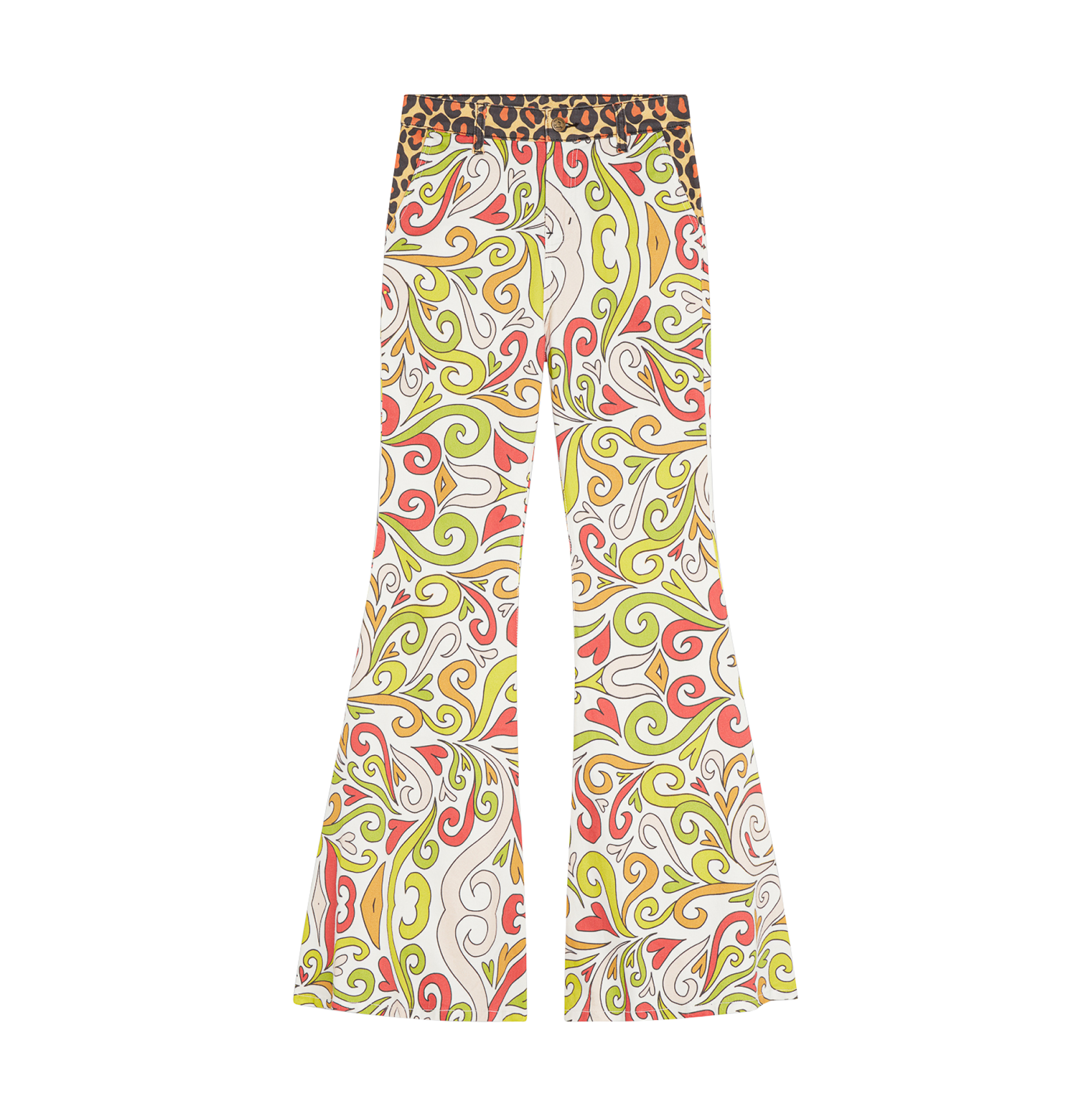 Colorful flared pants with a swirling psychedelic pattern and leopard print waistband.