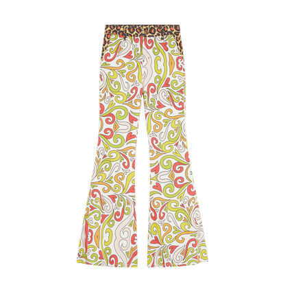 Colorful flared pants with a swirling psychedelic pattern and leopard print waistband.