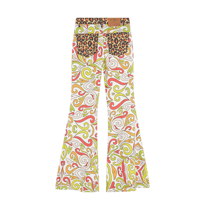 Colorful flared pants with swirling patterns and leopard print pockets.
