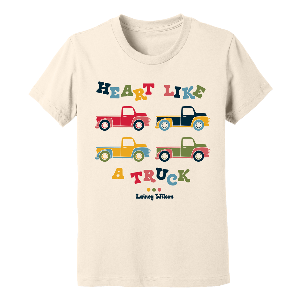 Cream-colored t-shirt with colorful ’Heart Like A Truck’ text and vintage truck illustrations.