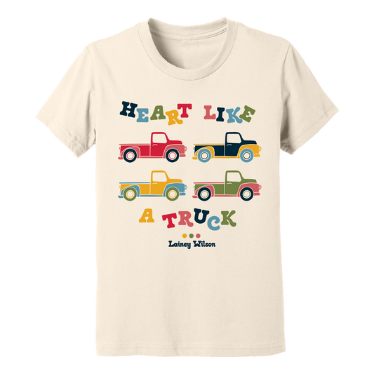Cream-colored t-shirt with colorful ’Heart Like A Truck’ text and vintage truck illustrations.