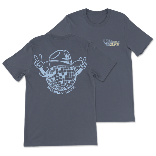 Gray t-shirt featuring a disco ball wearing a cowboy hat and making peace signs.