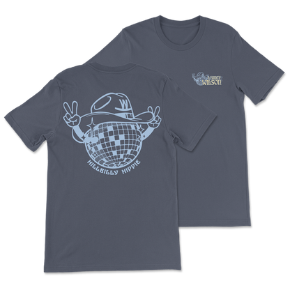 Gray t-shirt featuring a disco ball wearing a cowboy hat and making peace signs.