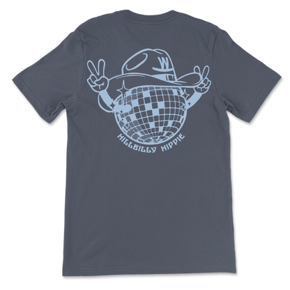 Gray t-shirt with a light blue disco ball wearing a cowboy hat design on the back.