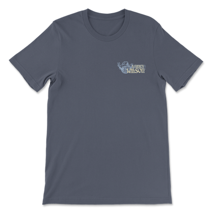 Gray t-shirt with a small logo on the upper left chest area.