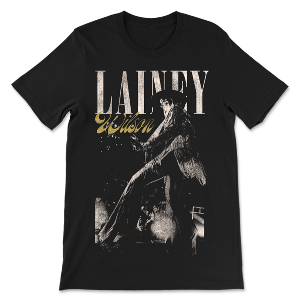 Black t-shirt featuring a vintage-style concert image and ’LAINEY WILSON’ text.