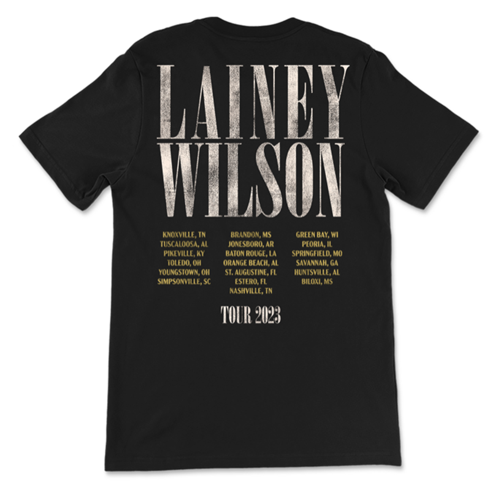 Black t-shirt with ’Lainey Wilson’ tour details printed on the back.