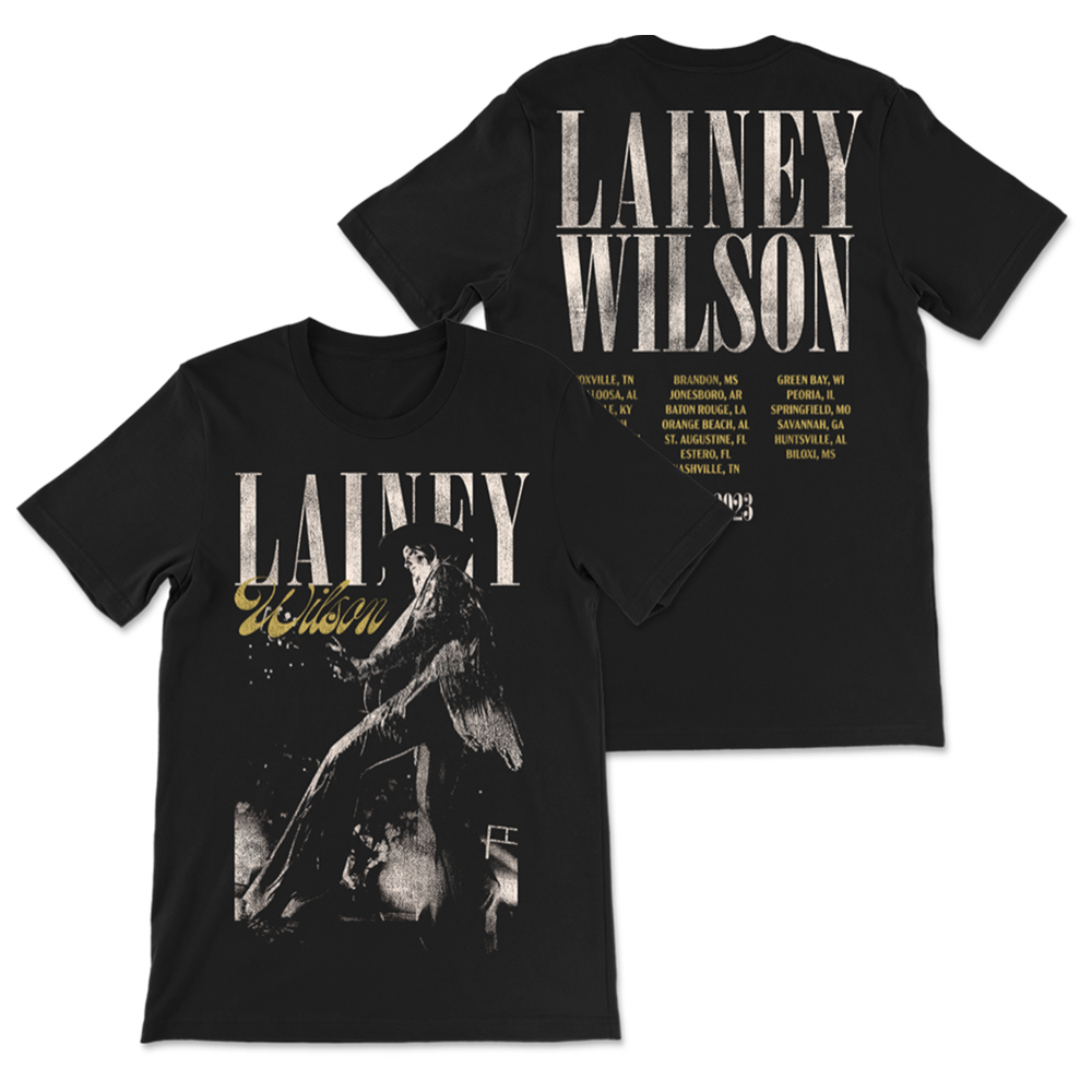 Black concert t-shirt for musician Lainey Wilson featuring tour dates and a performance image.