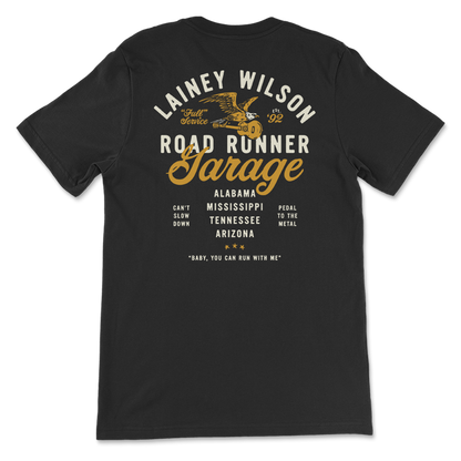 Black t-shirt with ’Lainey Wilson Road Runner Garage’ design printed on the back.