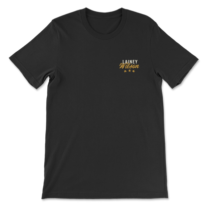 Black t-shirt with ’Lainey Wilson’ and three stars printed on the chest in gold lettering.