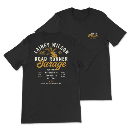 Black t-shirt with ’Lainey Wilson Road Runner Garage’ design on front and back.