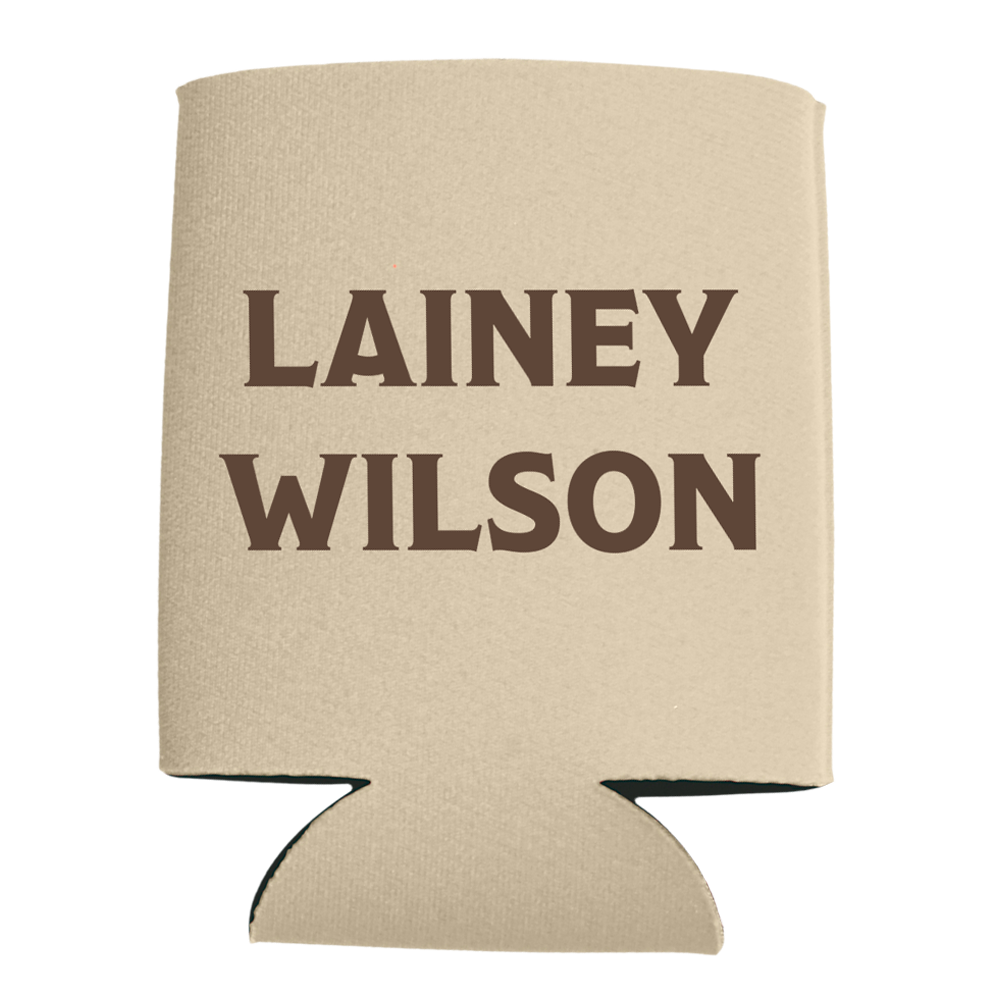 Beige drink koozie with ’LAINEY WILSON’ printed in brown text.