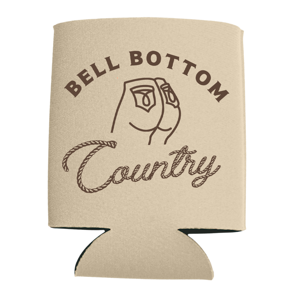 Beige can cooler with ’Bell Bottom Country’ text and a stylized rear view illustration.