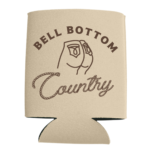 Beige can cooler with ’Bell Bottom Country’ text and a stylized rear view illustration.