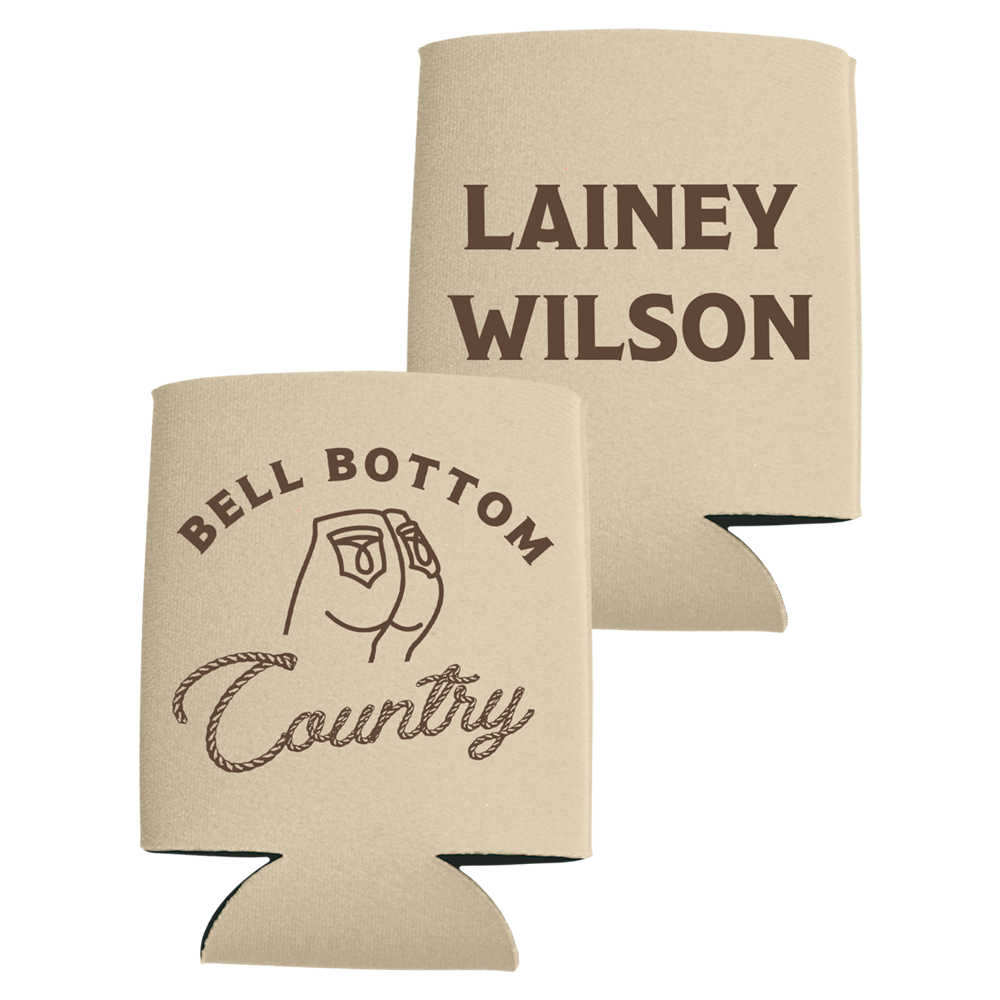 Beige can cooler with ’Bell Bottom Country’ and ’Lainey Wilson’ printed on it.