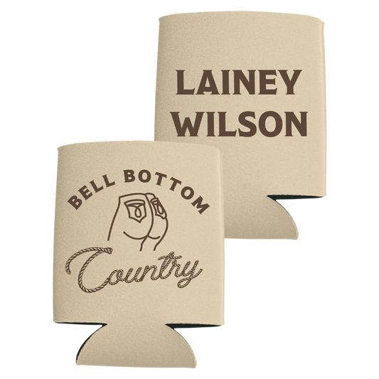 Beige can cooler with ’Bell Bottom Country’ and ’Lainey Wilson’ printed on it.