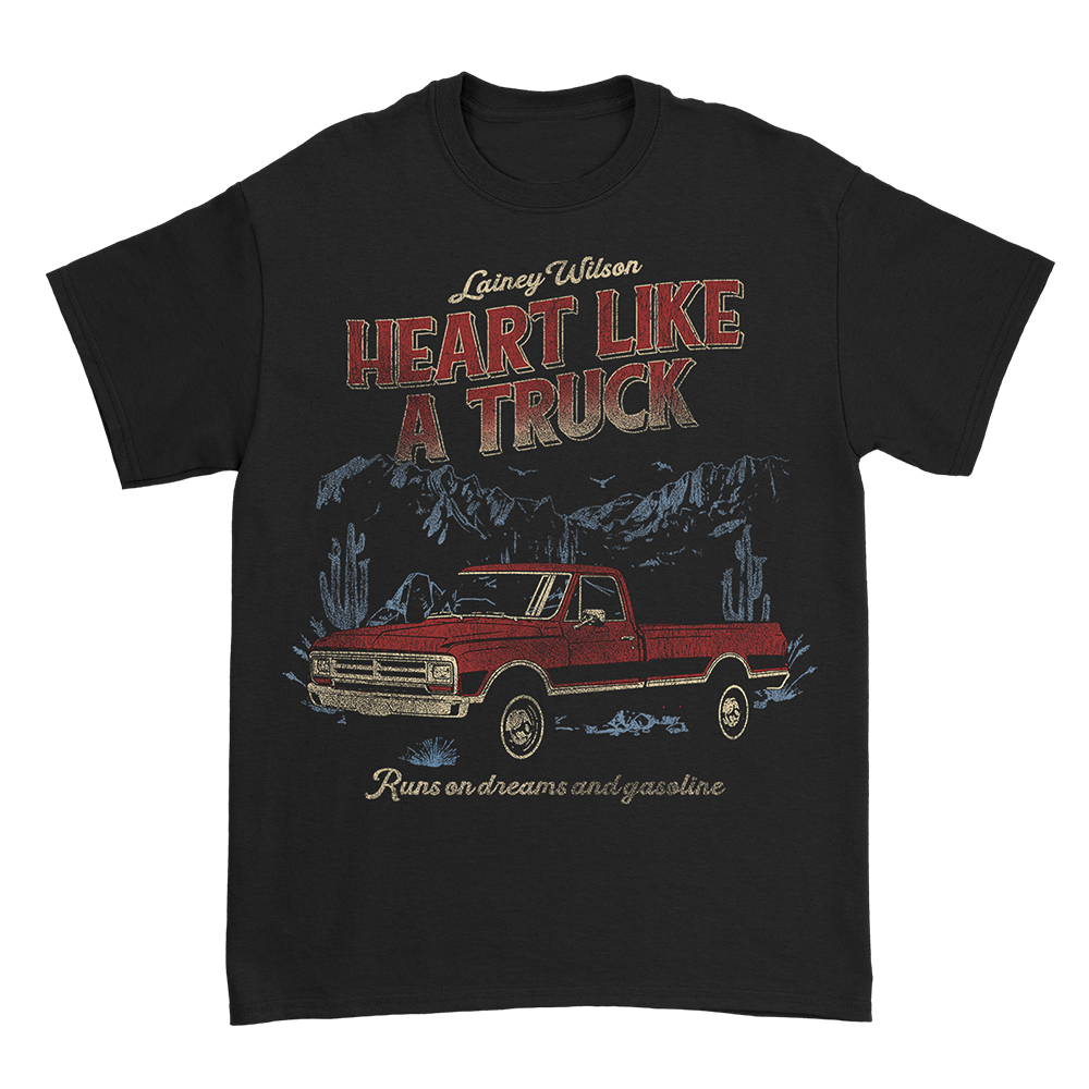 Black t-shirt with a vintage-style graphic design featuring a red pickup truck and text.