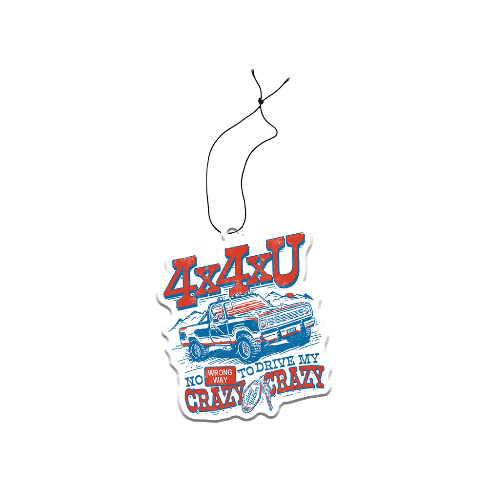 Car-themed hanging ornament or air freshener with ’4x4U’ text and an off-road truck illustration.