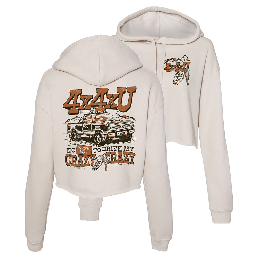 Beige hoodie sweatshirt with a 4x4 truck design and text on the back.