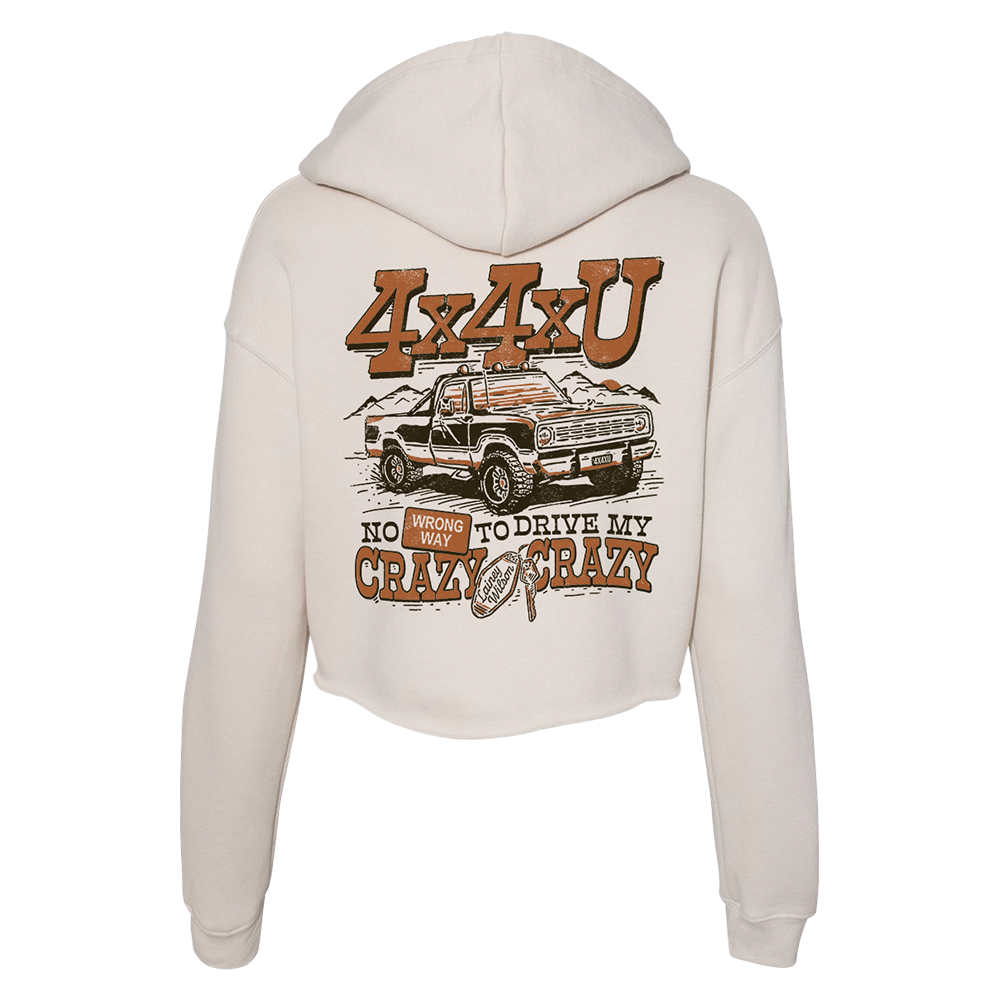 Beige hooded sweatshirt with a 4x4 truck design and text on the back.