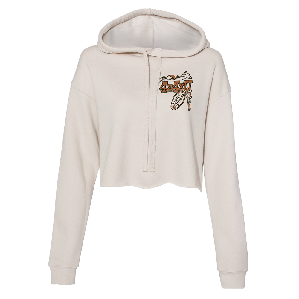 Cropped beige hoodie with a ’4x4’ and mountain design on the chest.