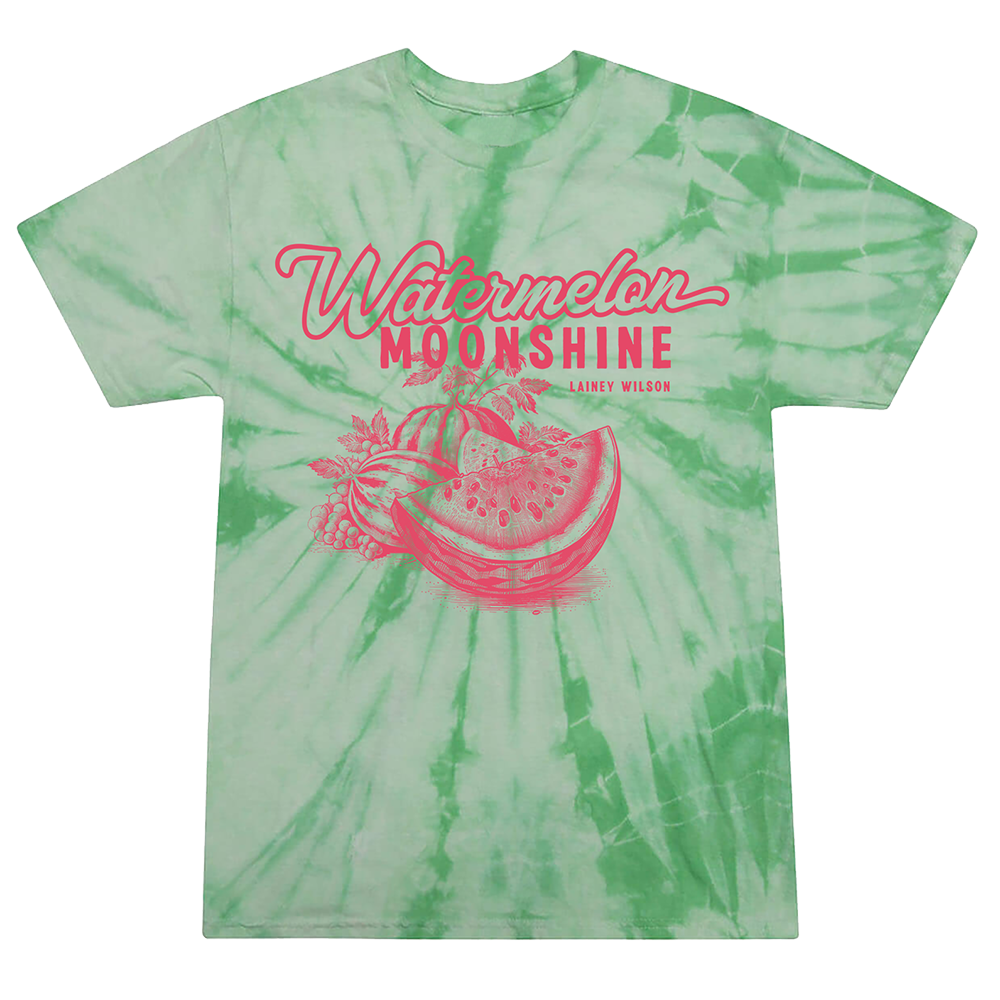 Tie-dye green t-shirt with ’Watermelon Moonshine’ text and watermelon graphic in pink.