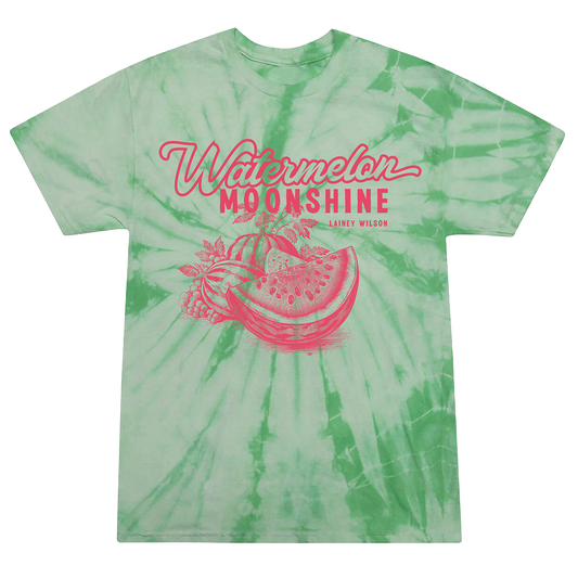 Tie-dye green t-shirt with ’Watermelon Moonshine’ text and watermelon graphic in pink.