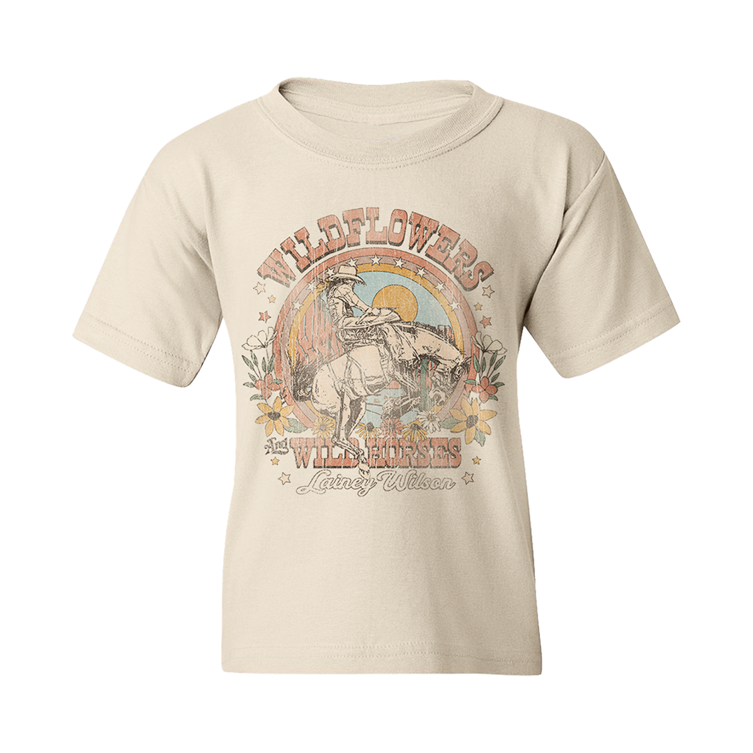 Beige t-shirt with a vintage-style cowboy and horse graphic featuring ’Wildflowers & Wild Horses’ text.