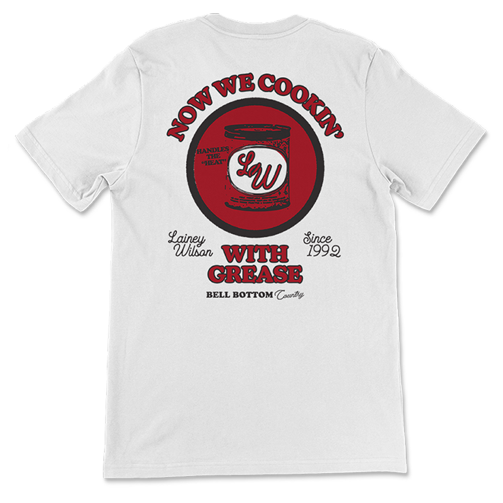 White t-shirt with a red and black graphic design on the back featuring text and a circular logo.