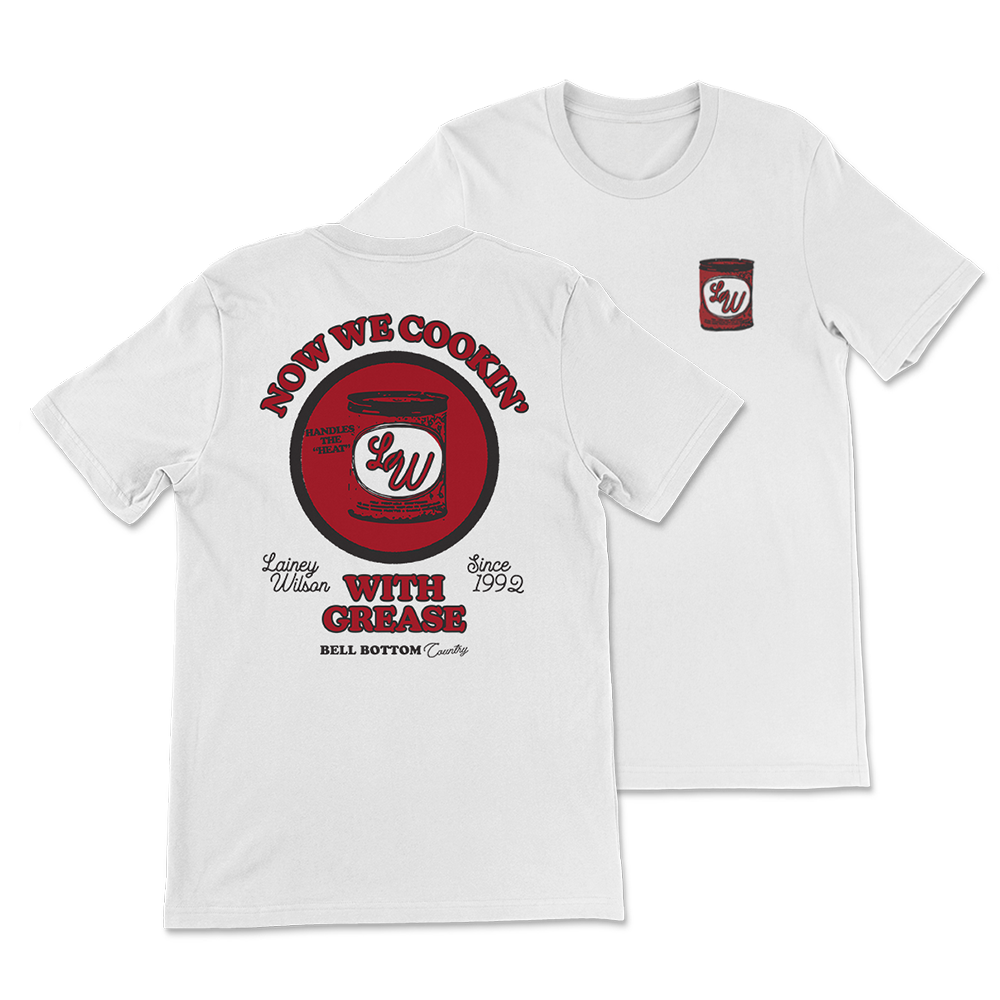 White t-shirt with red and black graphic design featuring a grease can logo.