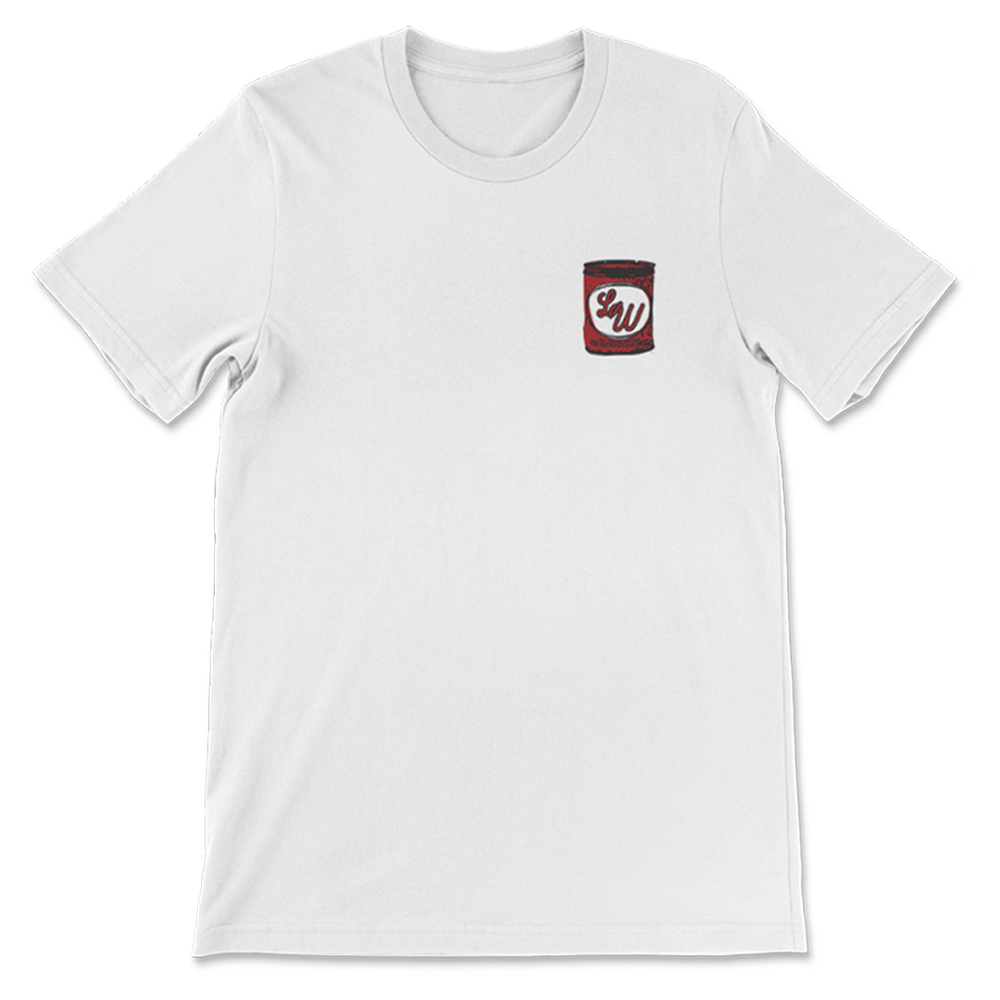 White t-shirt with a small red and black logo on the chest.